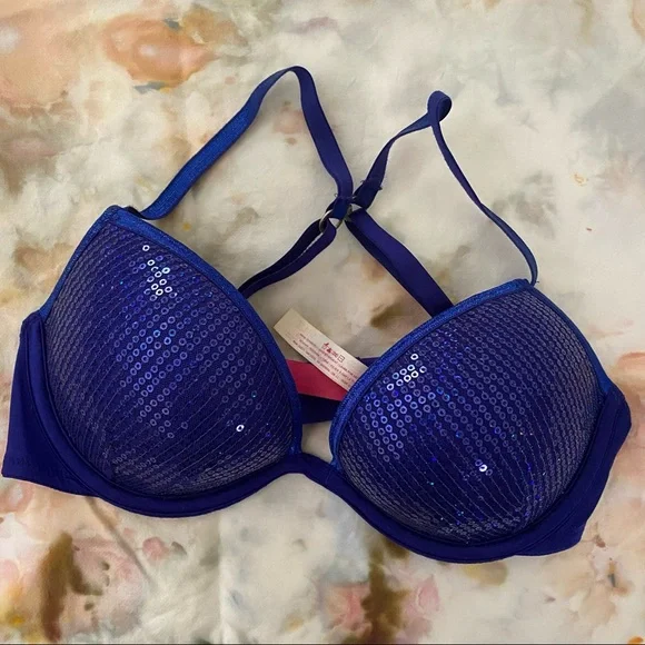 Victoria’s Secret PINK (NWOT) Blue Sequin Plunge Push-Up Bra 34B - Picture 2 of 5